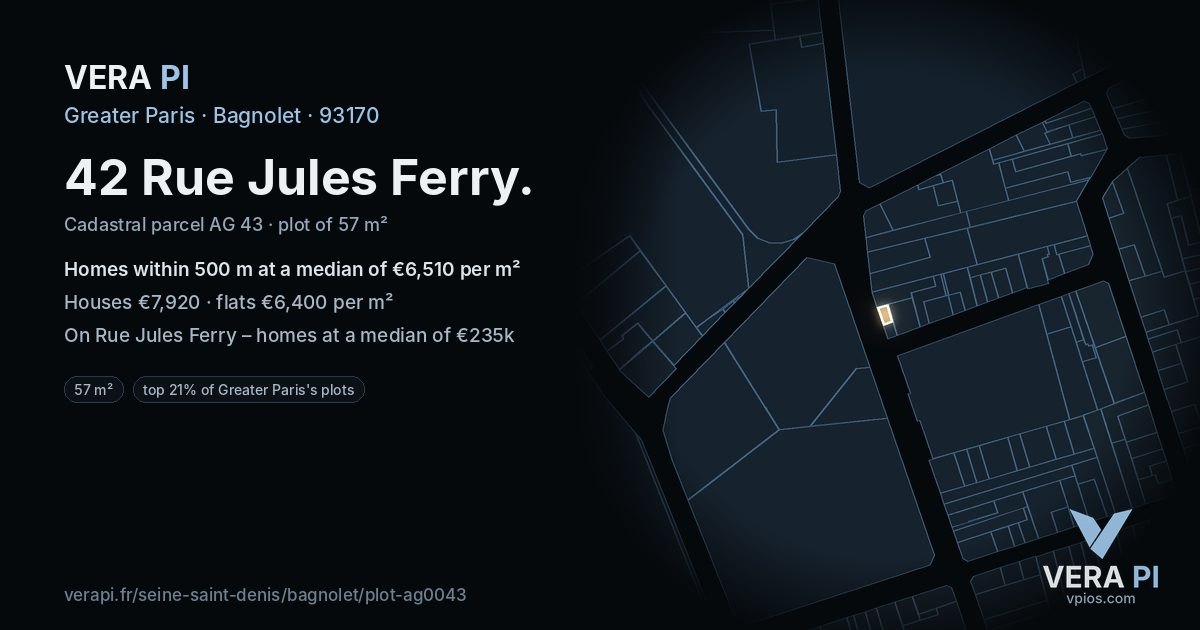42 Rue Jules Ferry, Bagnolet at night – the plot lit, the parcels around coloured by the prices near them