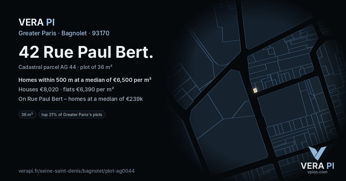 42 Rue Paul Bert, Bagnolet at night – the plot lit, the parcels around coloured by the prices near them