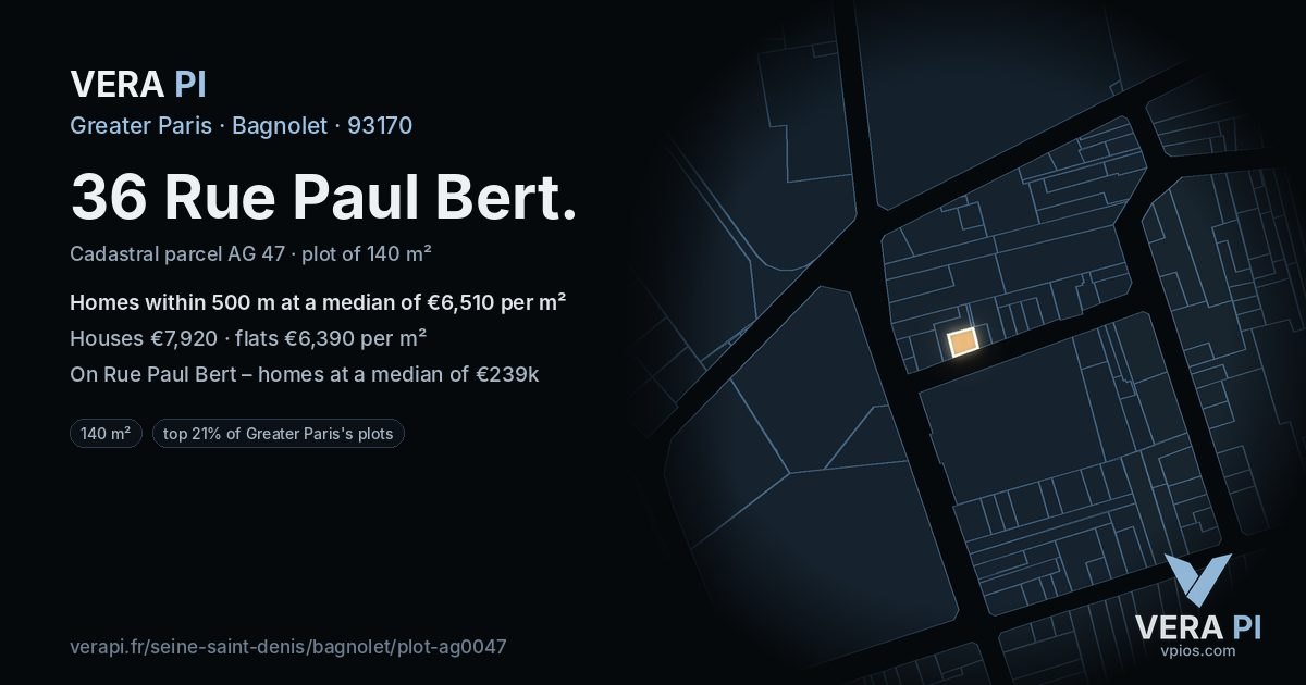 36 Rue Paul Bert, Bagnolet at night – the plot lit, the parcels around coloured by the prices near them