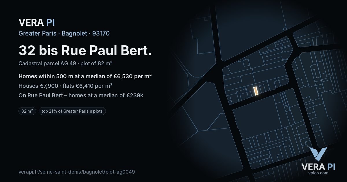 32 bis Rue Paul Bert, Bagnolet at night – the plot lit, the parcels around coloured by the prices near them