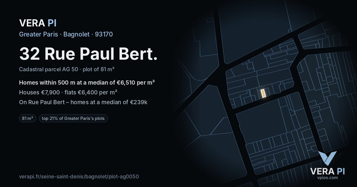 32 Rue Paul Bert, Bagnolet at night – the plot lit, the parcels around coloured by the prices near them