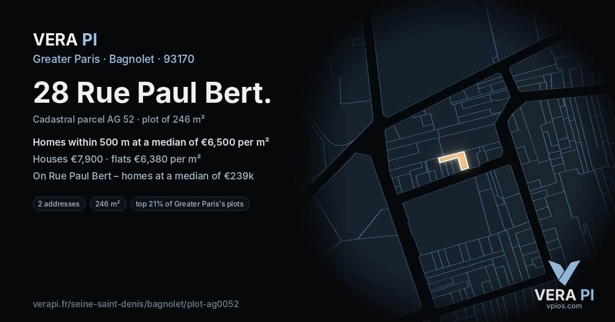 28 Rue Paul Bert, Bagnolet at night – the plot lit, the parcels around coloured by the prices near them