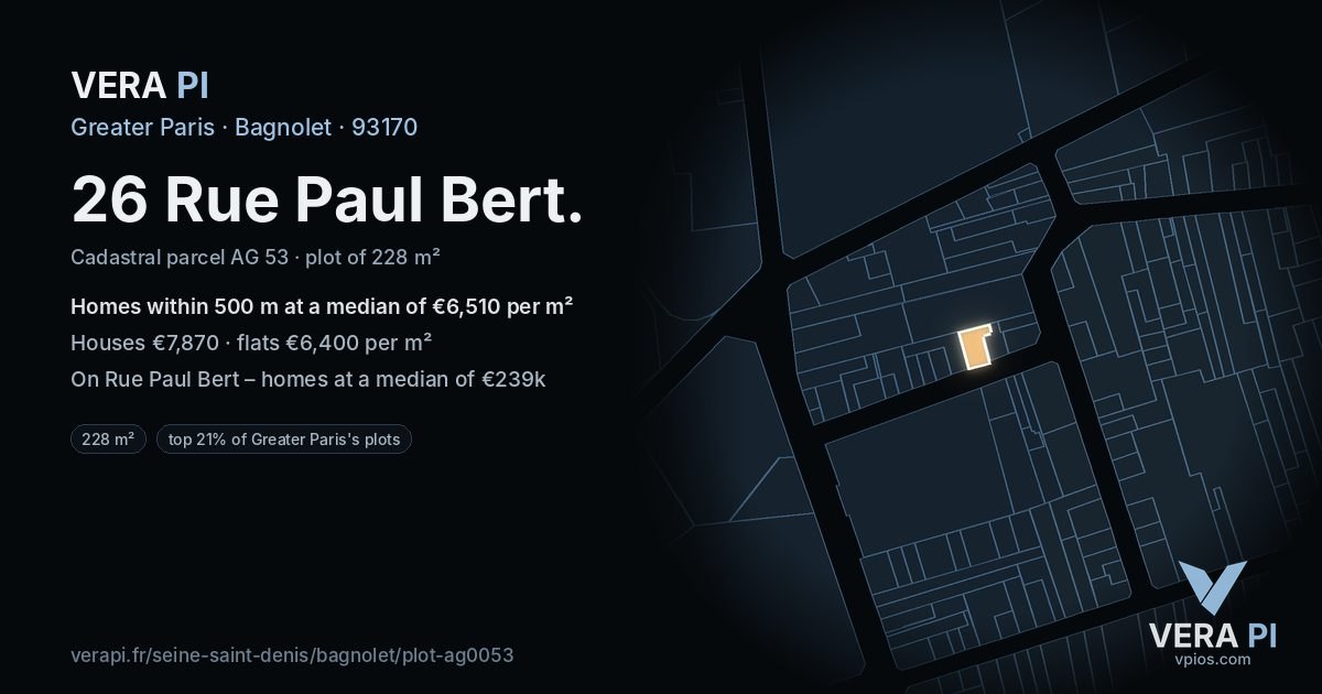 26 Rue Paul Bert, Bagnolet at night – the plot lit, the parcels around coloured by the prices near them