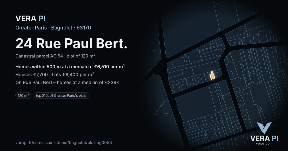 24 Rue Paul Bert, Bagnolet at night – the plot lit, the parcels around coloured by the prices near them