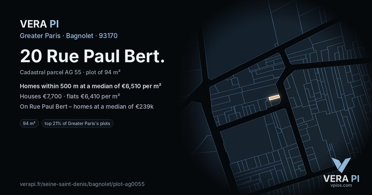 20 Rue Paul Bert, Bagnolet at night – the plot lit, the parcels around coloured by the prices near them
