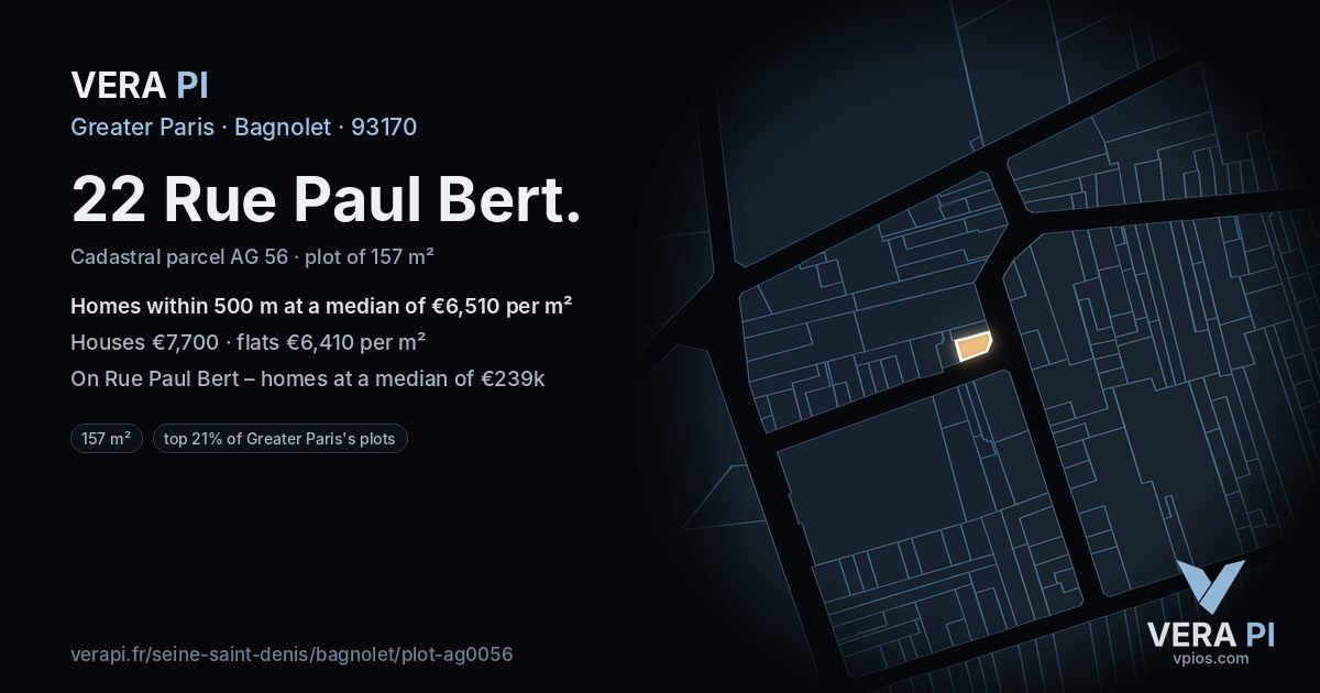 22 Rue Paul Bert, Bagnolet at night – the plot lit, the parcels around coloured by the prices near them