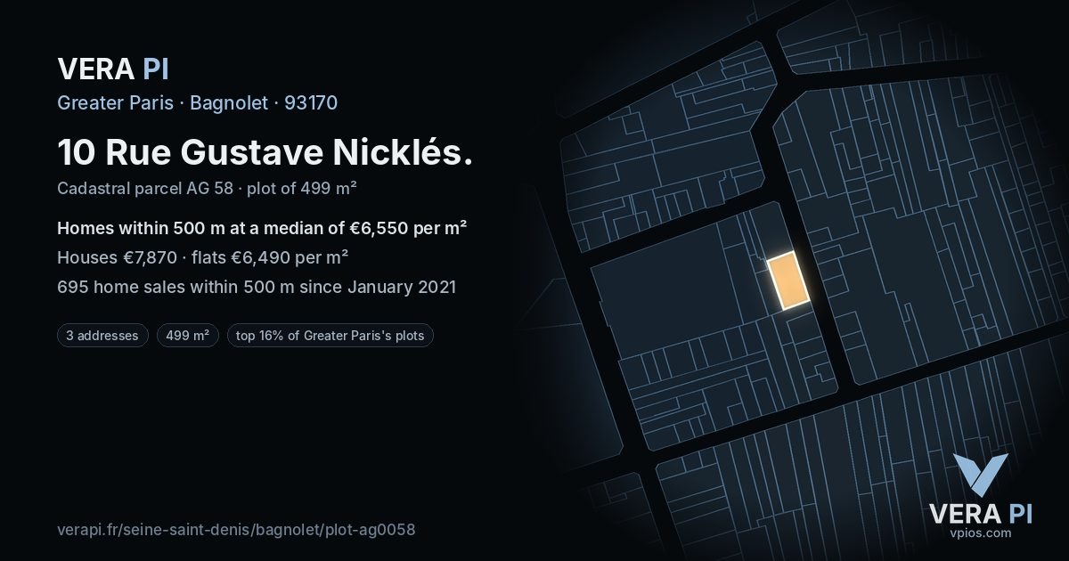 10 Rue Gustave Nicklés, Bagnolet at night – the plot lit, the parcels around coloured by the prices near them