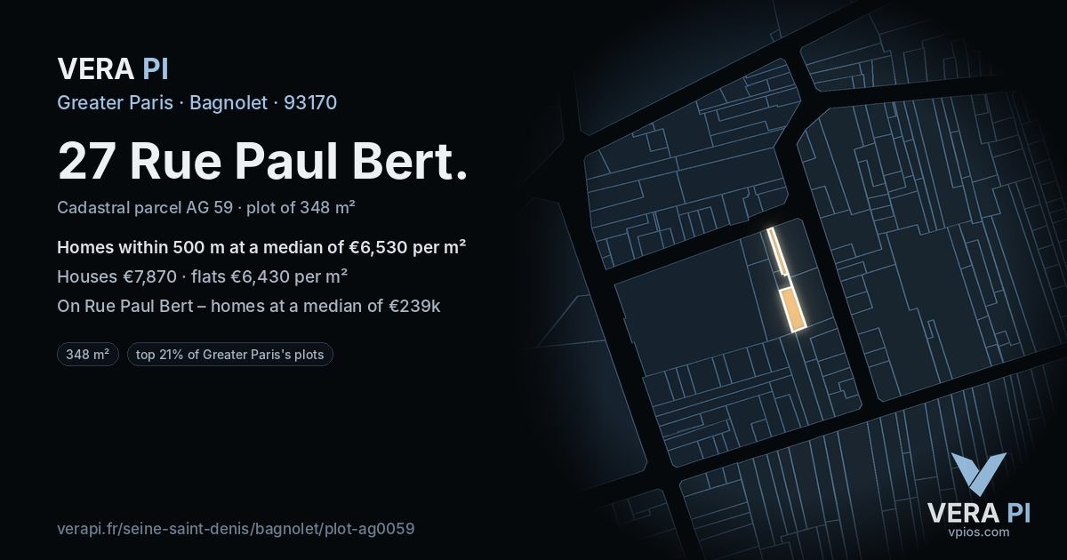 27 Rue Paul Bert, Bagnolet at night – the plot lit, the parcels around coloured by the prices near them