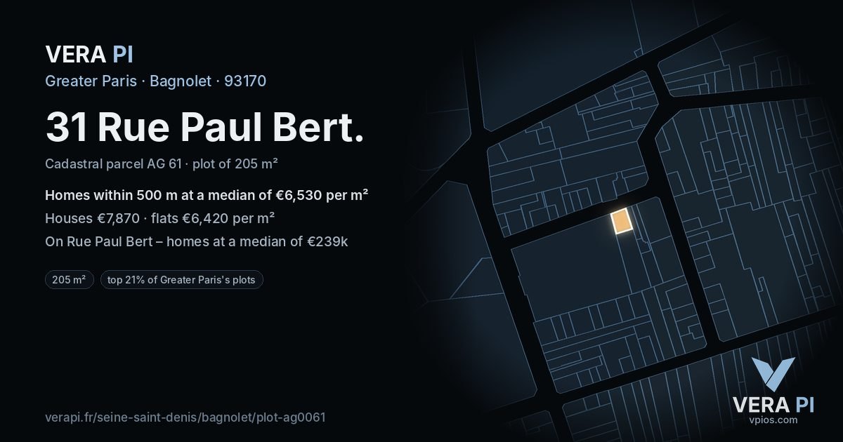 31 Rue Paul Bert, Bagnolet at night – the plot lit, the parcels around coloured by the prices near them