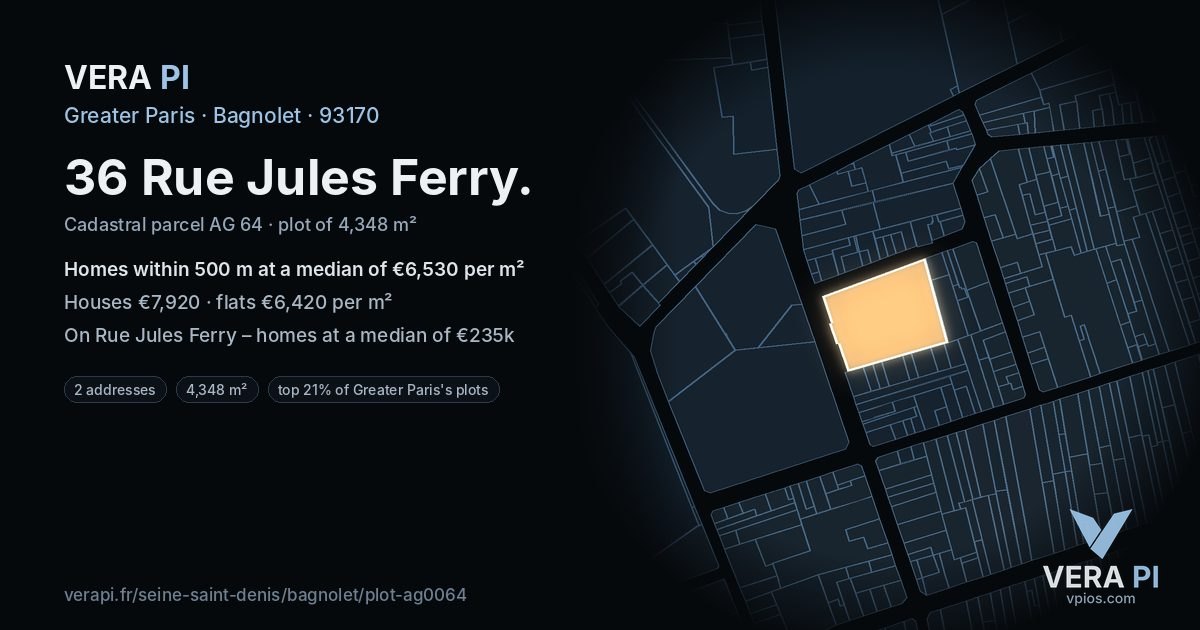 36 Rue Jules Ferry, Bagnolet at night – the plot lit, the parcels around coloured by the prices near them