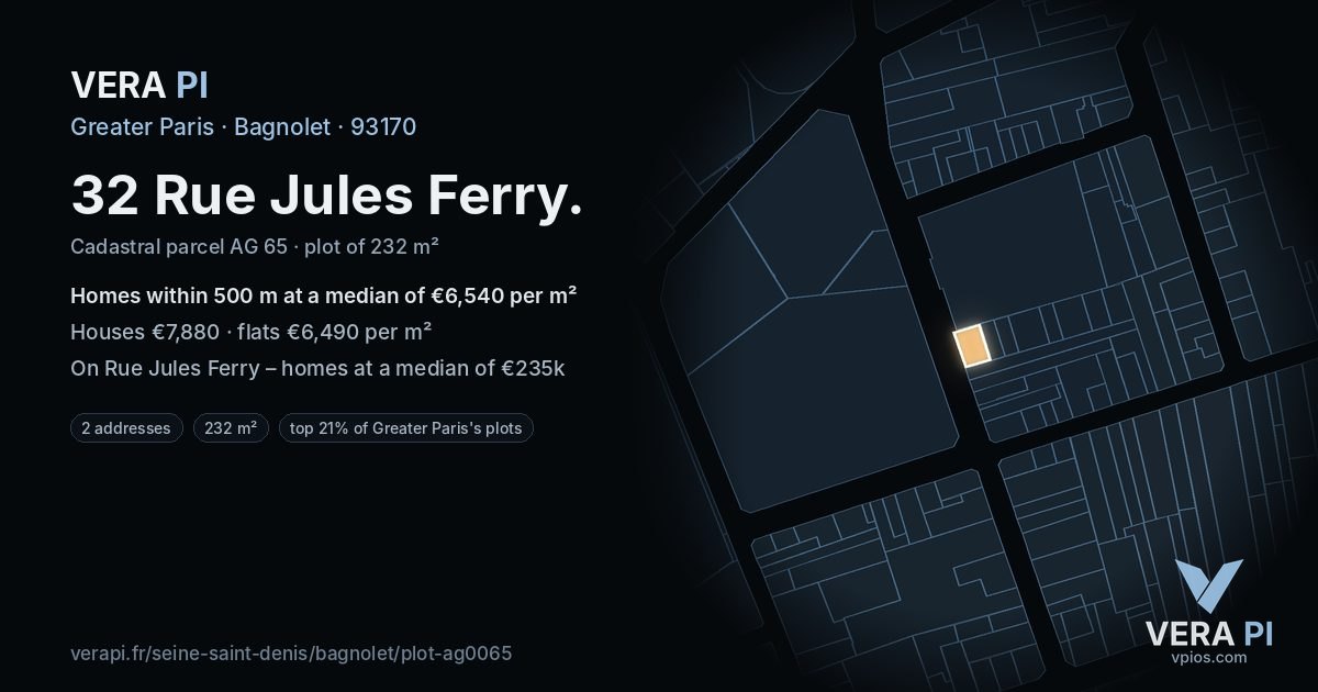 32 Rue Jules Ferry, Bagnolet at night – the plot lit, the parcels around coloured by the prices near them