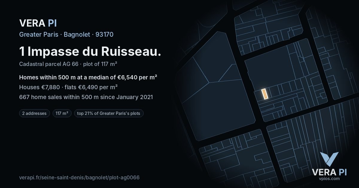 1 Impasse du Ruisseau, Bagnolet at night – the plot lit, the parcels around coloured by the prices near them