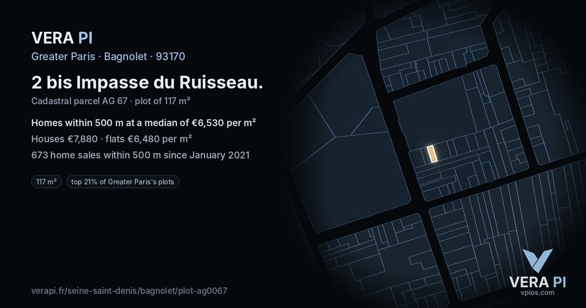 2 bis Impasse du Ruisseau, Bagnolet at night – the plot lit, the parcels around coloured by the prices near them