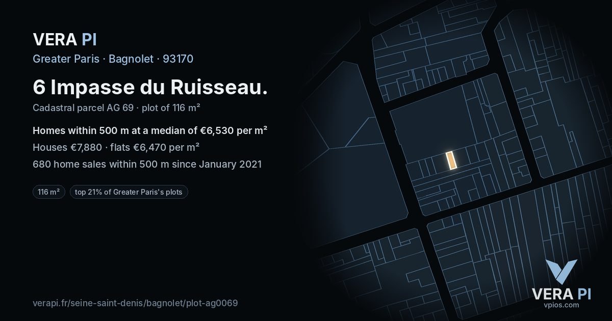 6 Impasse du Ruisseau, Bagnolet at night – the plot lit, the parcels around coloured by the prices near them