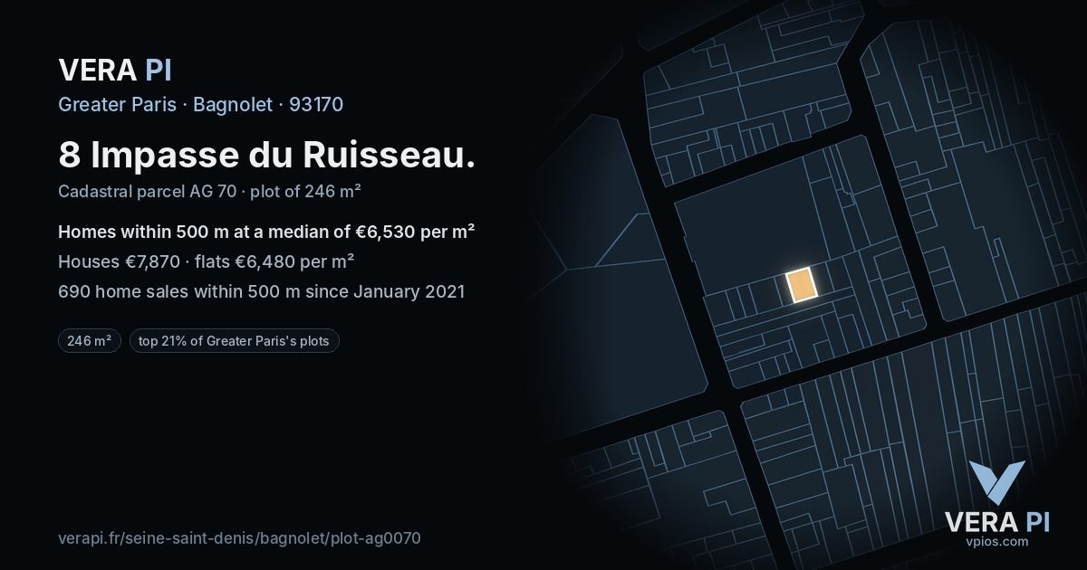 8 Impasse du Ruisseau, Bagnolet at night – the plot lit, the parcels around coloured by the prices near them
