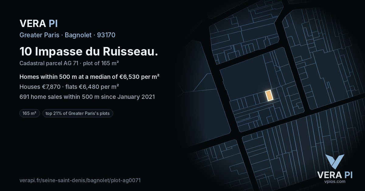 10 Impasse du Ruisseau, Bagnolet at night – the plot lit, the parcels around coloured by the prices near them