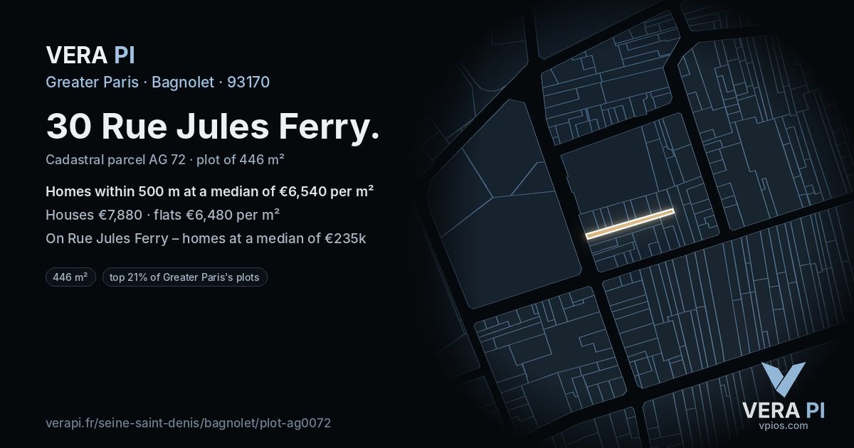 30 Rue Jules Ferry, Bagnolet at night – the plot lit, the parcels around coloured by the prices near them