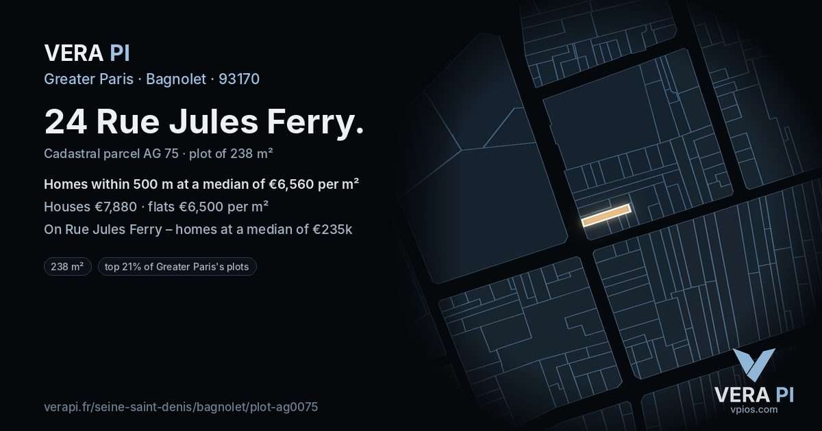 24 Rue Jules Ferry, Bagnolet at night – the plot lit, the parcels around coloured by the prices near them