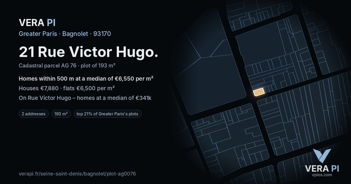 21 Rue Victor Hugo, Bagnolet at night – the plot lit, the parcels around coloured by the prices near them
