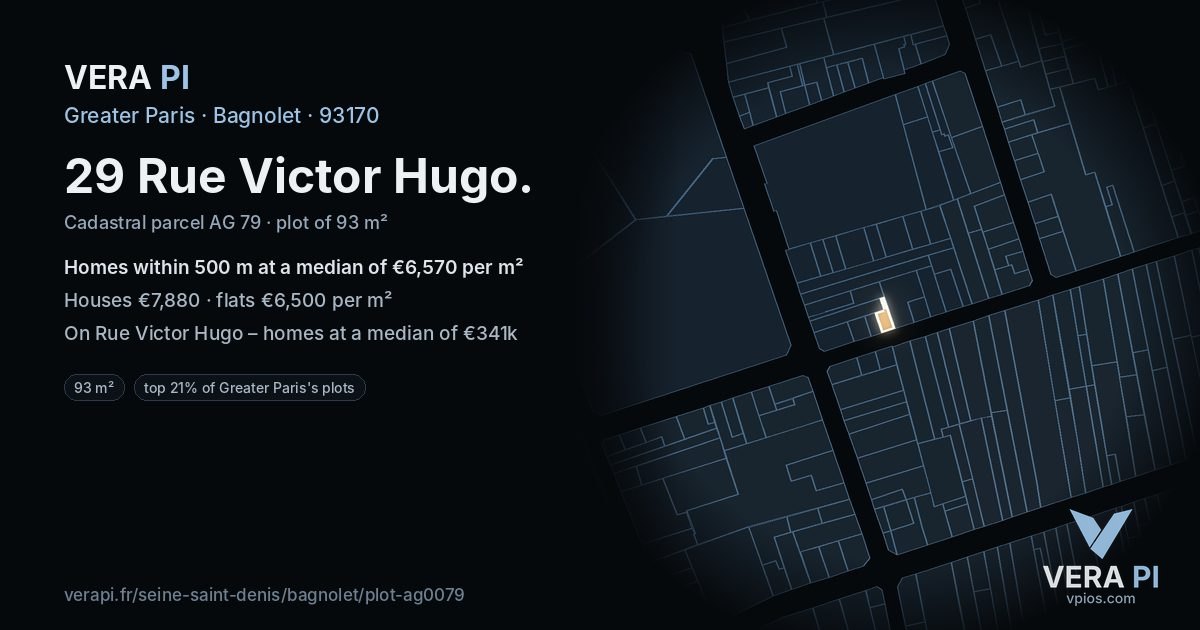 29 Rue Victor Hugo, Bagnolet at night – the plot lit, the parcels around coloured by the prices near them