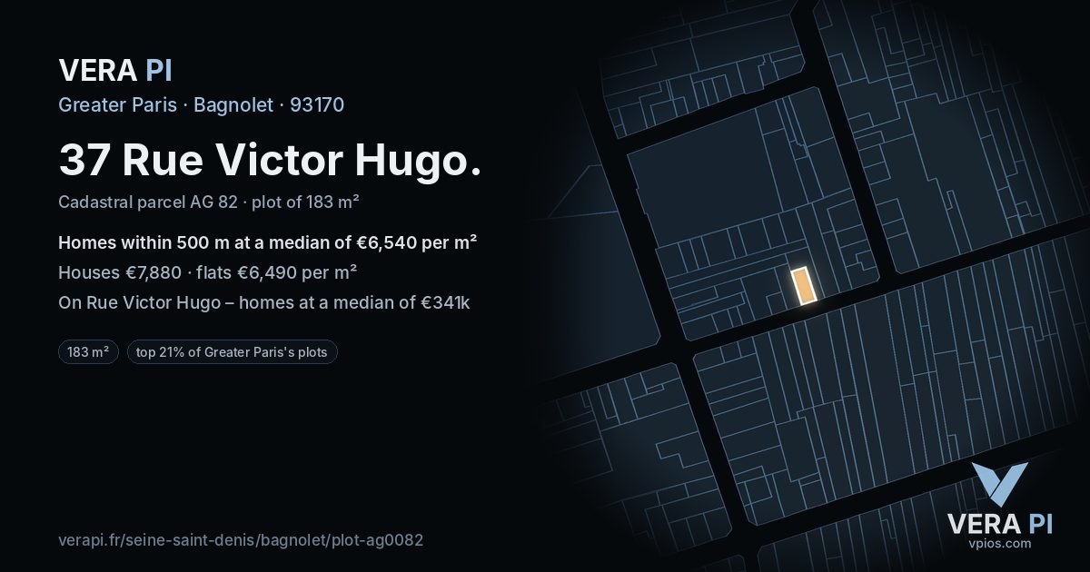 37 Rue Victor Hugo, Bagnolet at night – the plot lit, the parcels around coloured by the prices near them