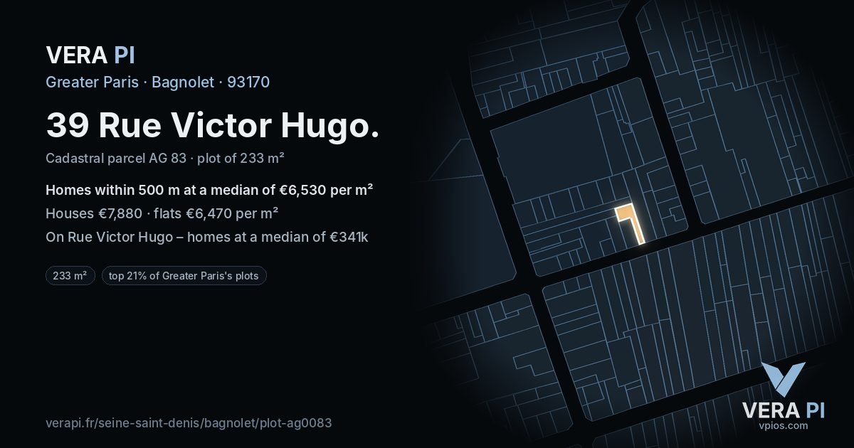 39 Rue Victor Hugo, Bagnolet at night – the plot lit, the parcels around coloured by the prices near them