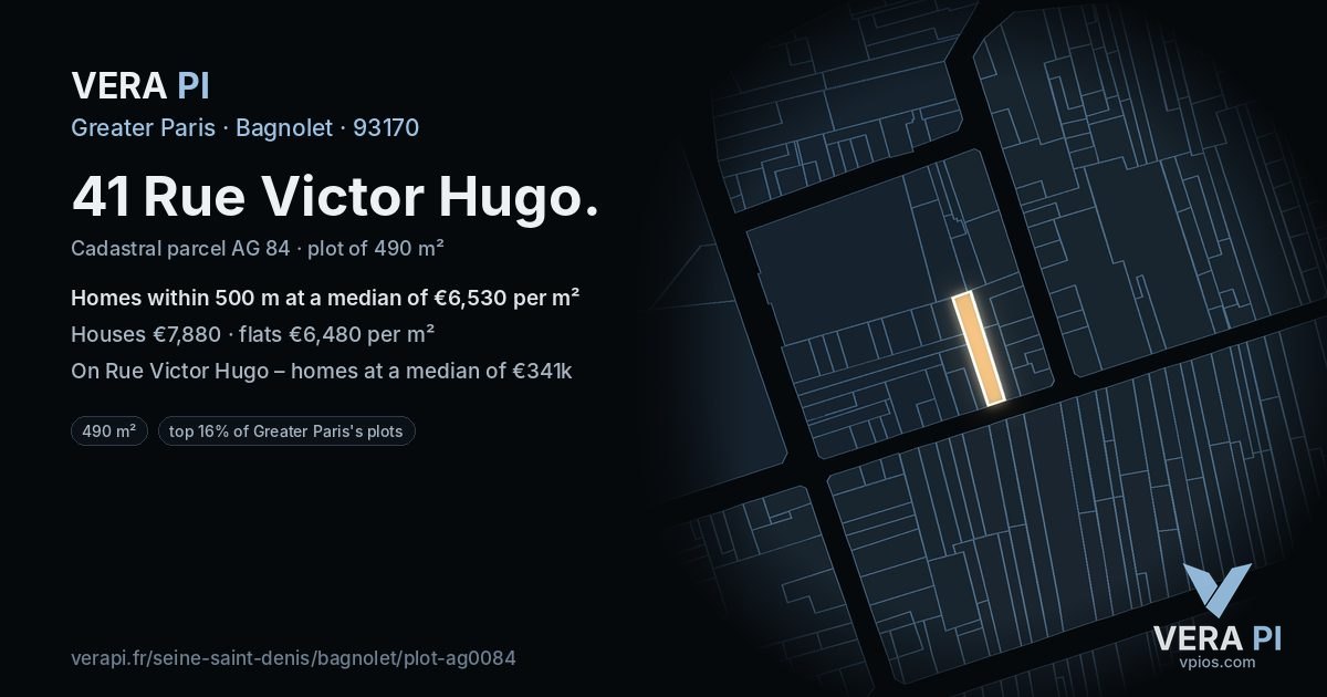 41 Rue Victor Hugo, Bagnolet at night – the plot lit, the parcels around coloured by the prices near them