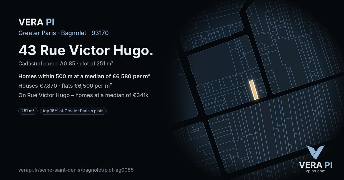 43 Rue Victor Hugo, Bagnolet at night – the plot lit, the parcels around coloured by the prices near them