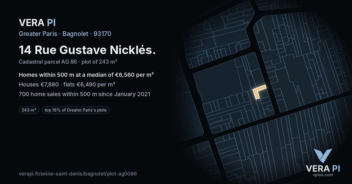 14 Rue Gustave Nicklés, Bagnolet at night – the plot lit, the parcels around coloured by the prices near them