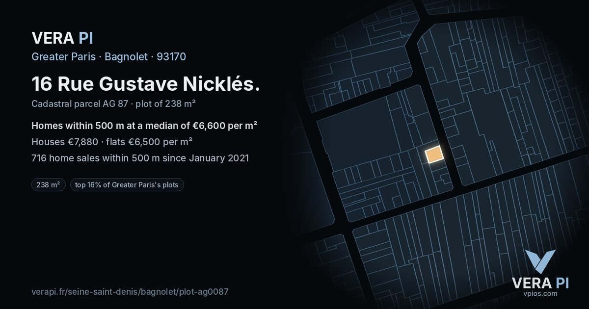 16 Rue Gustave Nicklés, Bagnolet at night – the plot lit, the parcels around coloured by the prices near them