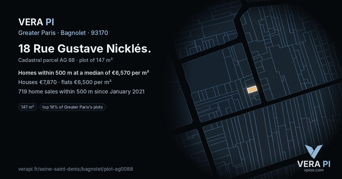 18 Rue Gustave Nicklés, Bagnolet at night – the plot lit, the parcels around coloured by the prices near them