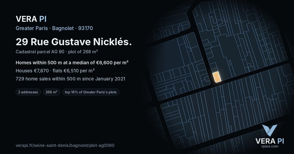 29 Rue Gustave Nicklés, Bagnolet at night – the plot lit, the parcels around coloured by the prices near them