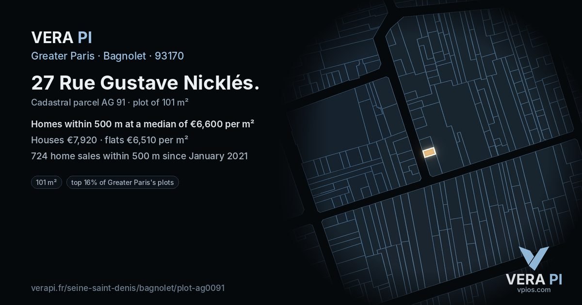 27 Rue Gustave Nicklés, Bagnolet at night – the plot lit, the parcels around coloured by the prices near them