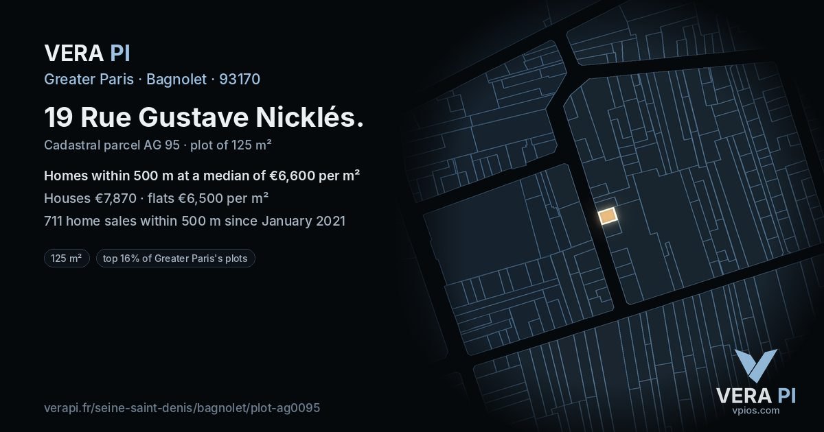 19 Rue Gustave Nicklés, Bagnolet at night – the plot lit, the parcels around coloured by the prices near them