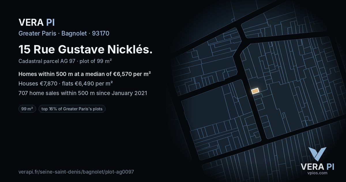 15 Rue Gustave Nicklés, Bagnolet at night – the plot lit, the parcels around coloured by the prices near them