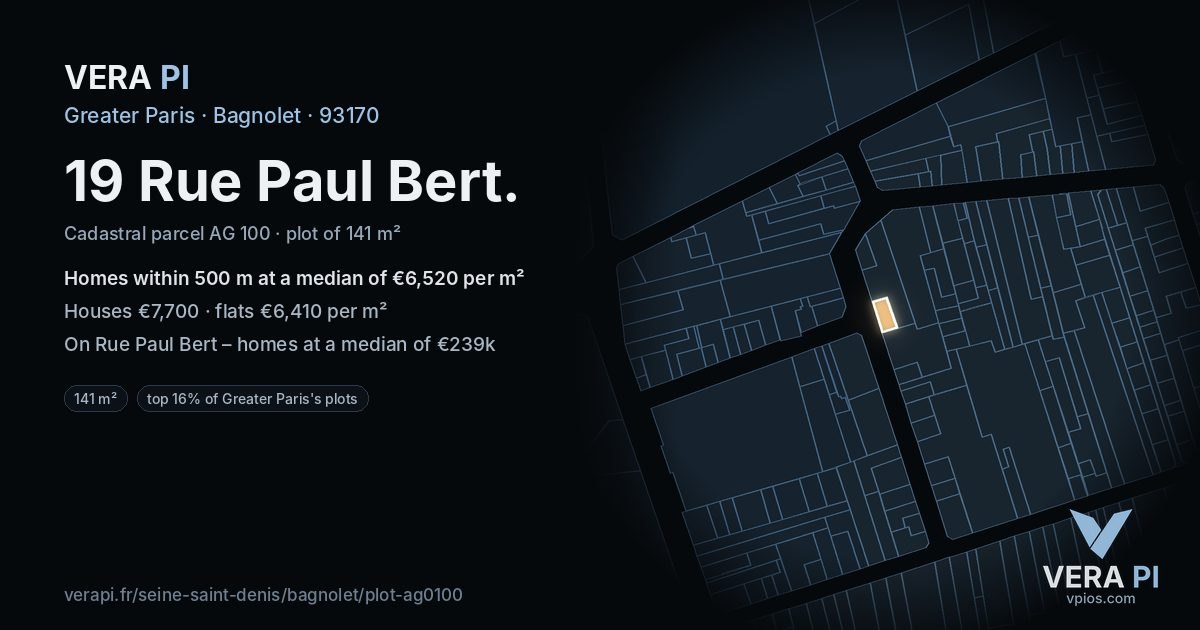 19 Rue Paul Bert, Bagnolet at night – the plot lit, the parcels around coloured by the prices near them