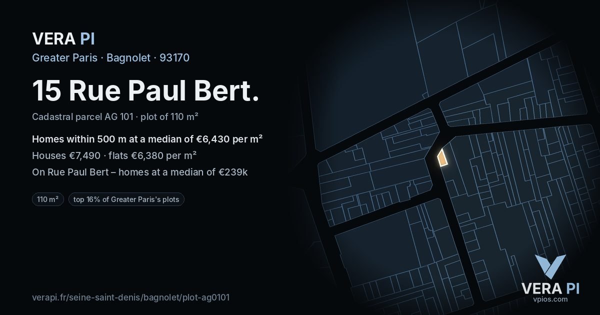 15 Rue Paul Bert, Bagnolet at night – the plot lit, the parcels around coloured by the prices near them