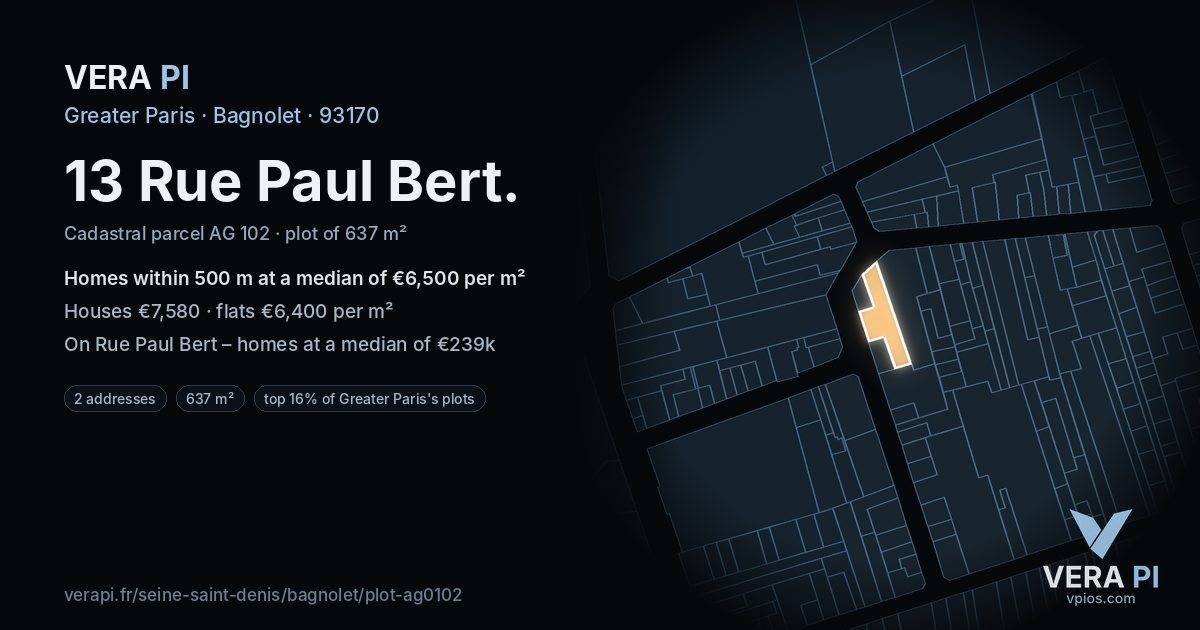 13 Rue Paul Bert, Bagnolet at night – the plot lit, the parcels around coloured by the prices near them