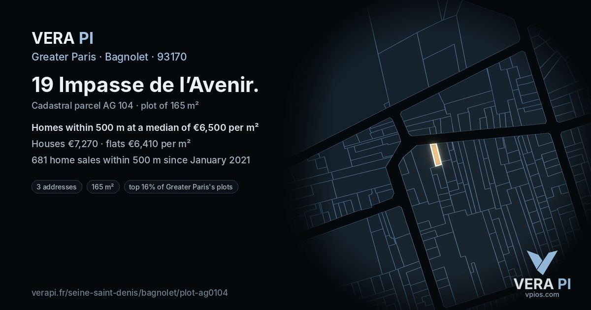 19 Impasse de l’Avenir, Bagnolet at night – the plot lit, the parcels around coloured by the prices near them