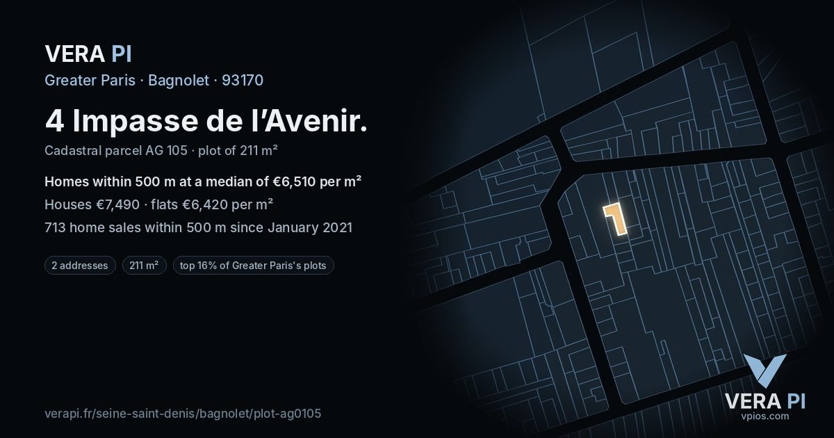 4 Impasse de l’Avenir, Bagnolet at night – the plot lit, the parcels around coloured by the prices near them