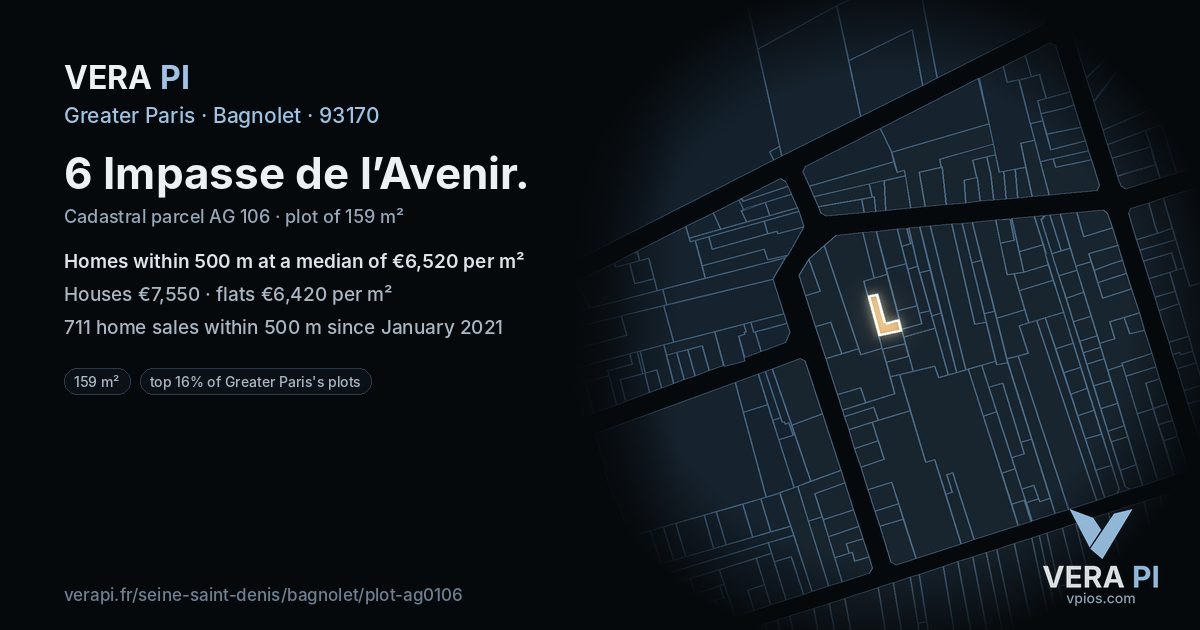 6 Impasse de l’Avenir, Bagnolet at night – the plot lit, the parcels around coloured by the prices near them