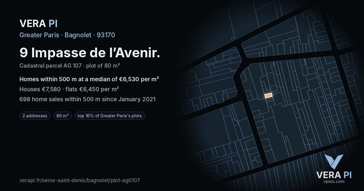 9 Impasse de l’Avenir, Bagnolet at night – the plot lit, the parcels around coloured by the prices near them