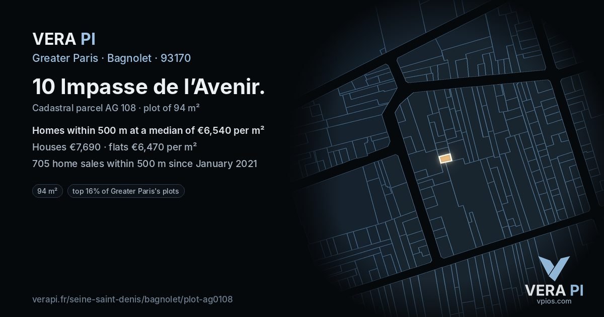 10 Impasse de l’Avenir, Bagnolet at night – the plot lit, the parcels around coloured by the prices near them