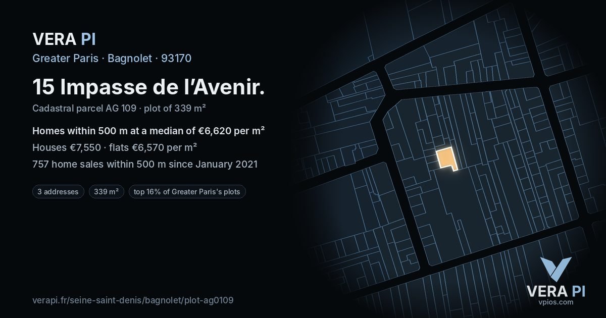 15 Impasse de l’Avenir, Bagnolet at night – the plot lit, the parcels around coloured by the prices near them
