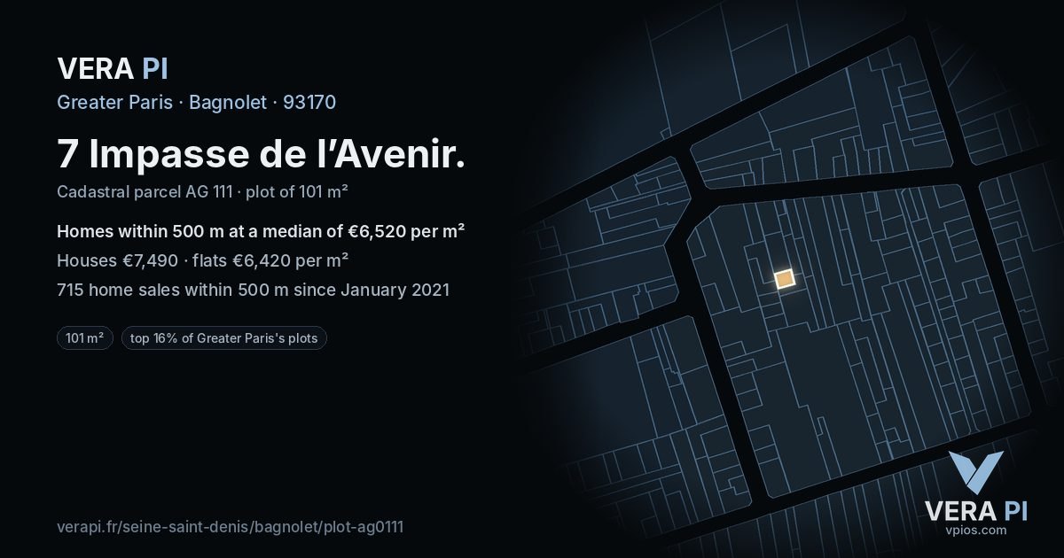 7 Impasse de l’Avenir, Bagnolet at night – the plot lit, the parcels around coloured by the prices near them