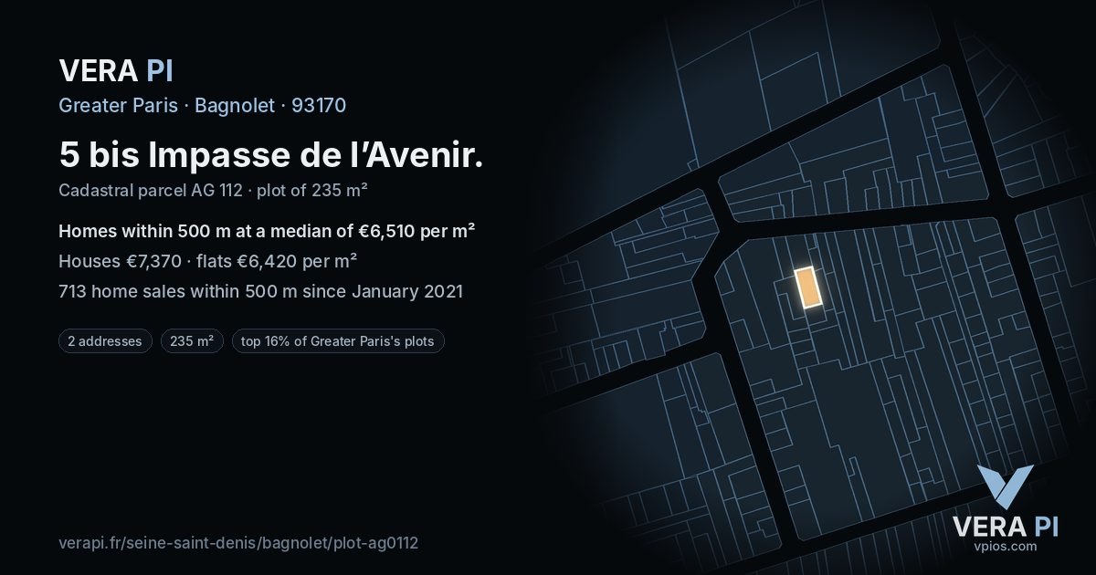 5 bis Impasse de l’Avenir, Bagnolet at night – the plot lit, the parcels around coloured by the prices near them