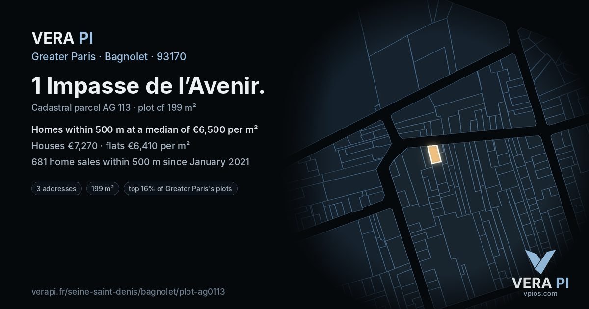 1 Impasse de l’Avenir, Bagnolet at night – the plot lit, the parcels around coloured by the prices near them