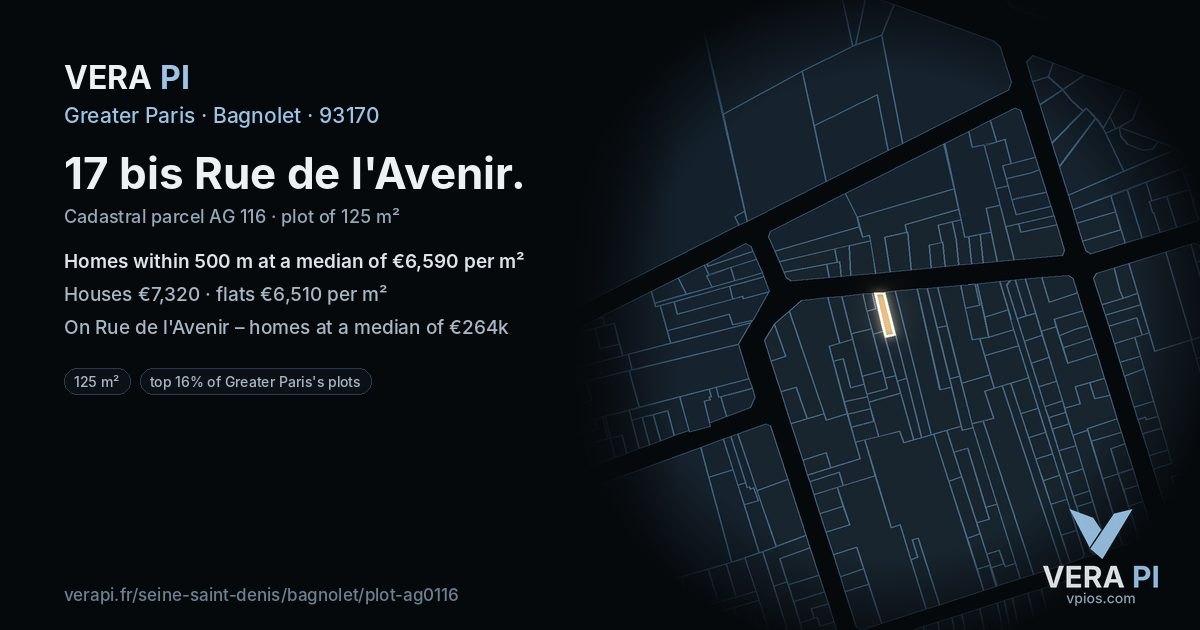 17 bis Rue de l'Avenir, Bagnolet at night – the plot lit, the parcels around coloured by the prices near them
