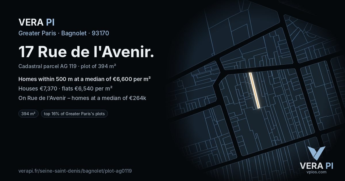 17 Rue de l'Avenir, Bagnolet at night – the plot lit, the parcels around coloured by the prices near them