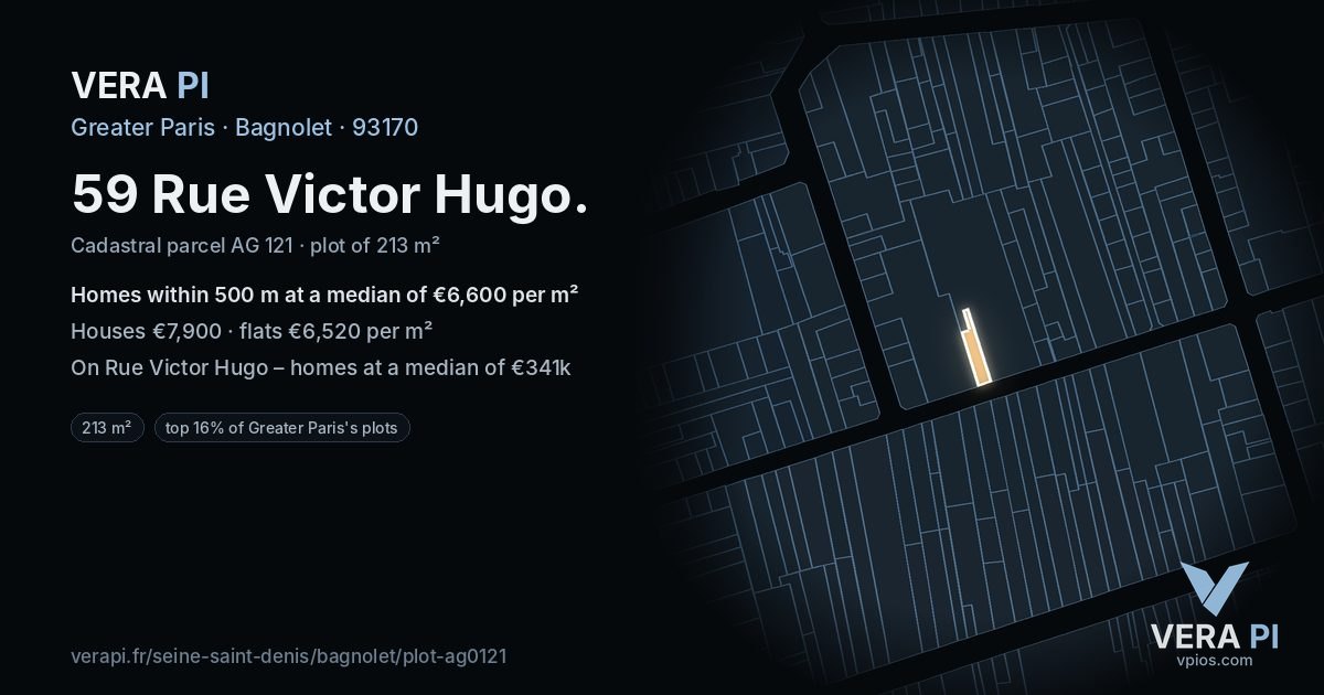 59 Rue Victor Hugo, Bagnolet at night – the plot lit, the parcels around coloured by the prices near them